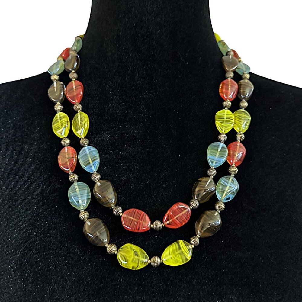 Vintage Double Strand Necklace Glass Beaded Red Blue Green